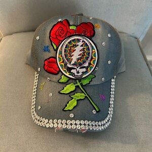 Grateful Dead Embroidered Cap with Roses and Skull Design Handmade